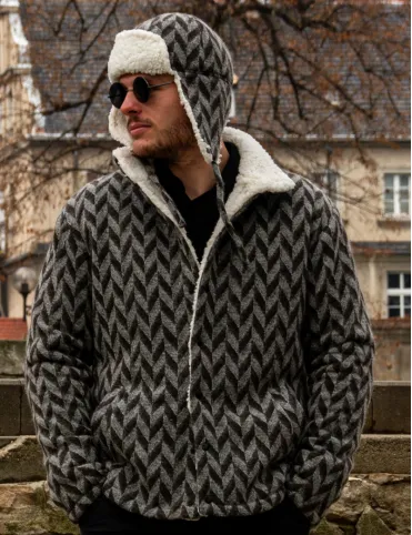 Men's wool hat with earflaps. Made of sheep wool with a geometric pattern.