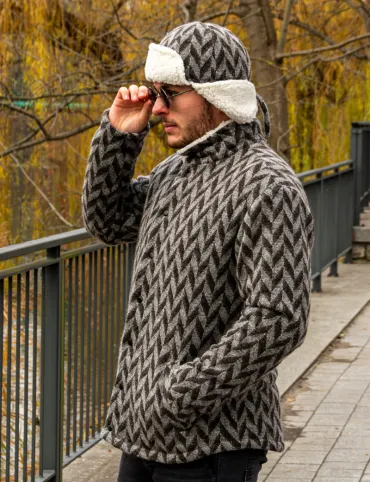 Men's wool hat with earflaps. Made of sheep wool with a geometric pattern.