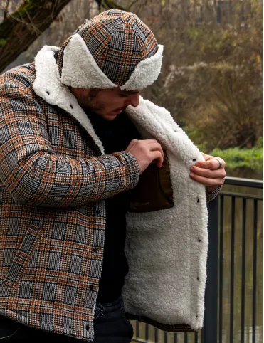 Mens Brown Check Wool Jacket with Sherpa Lining - Country Style Limited Edition