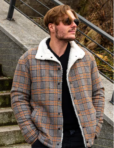 Mens Brown Check Wool Jacket with Sherpa Lining - Country Style Limited Edition