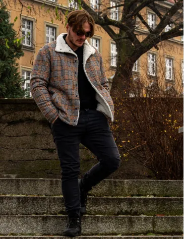 Mens Brown Check Wool Jacket with Sherpa Lining - Country Style Limited Edition