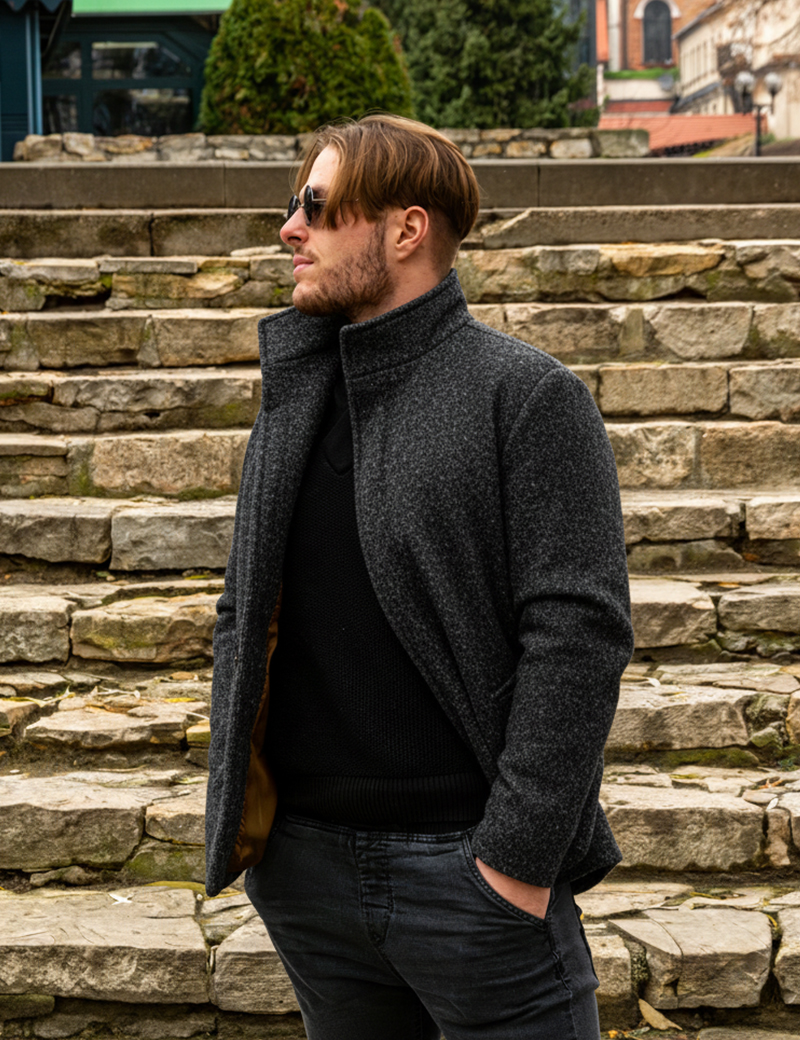 Black men's jacket with wooden decorative buttons Louis