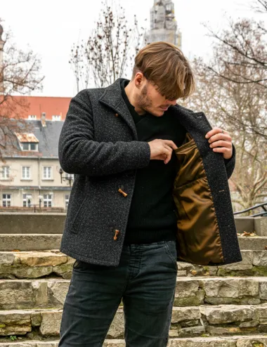 Black men's jacket with wooden decorative buttons Louis