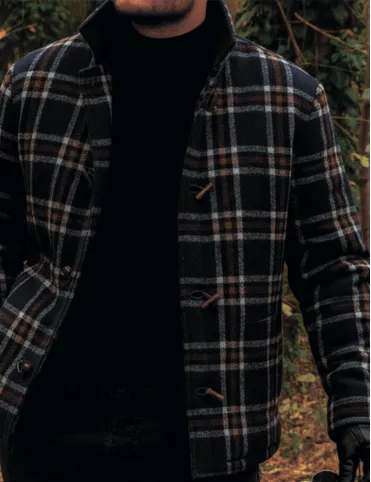 Warm men's jacket with black check pattern and wooden buttons Jack