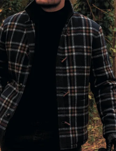 Warm men's jacket with black check pattern and wooden buttons Jack