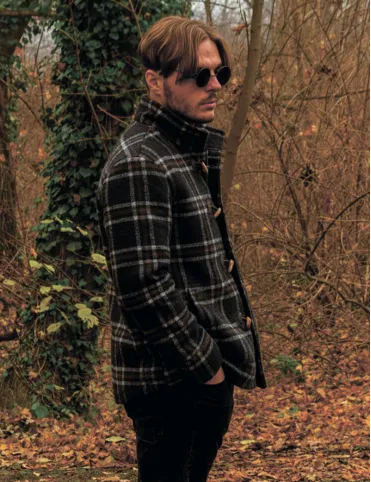 Warm men's jacket with black check pattern and wooden buttons Jack