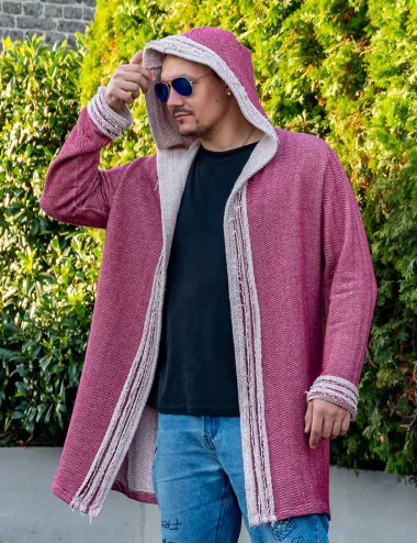 Unisex Cotton Festival Cardigan — Red-Pink, Hooded, Extended Length Ethnic style