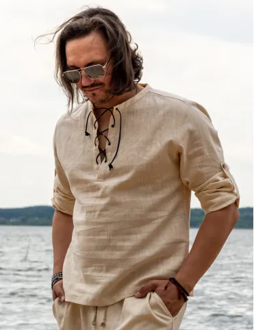 Viking Style Men's Linen Shirt with Leather Lacing