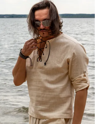 Viking Style Men's Linen Shirt with Leather Lacing