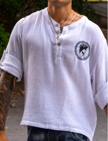 Men's cotton shirt with boho style embroidery, model David