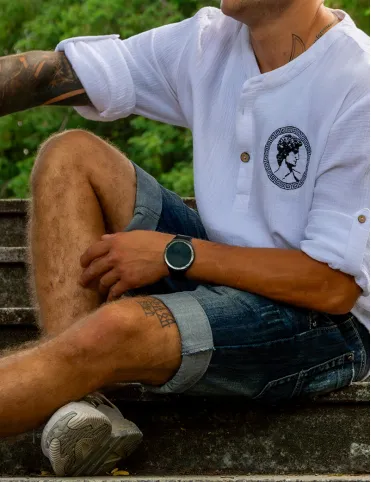 Men's cotton shirt with boho style embroidery, model David