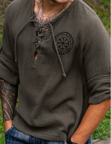 Men's cotton shirt with embroidered Scandinavian Vegvísir symbol in Viking style, model Sigurd