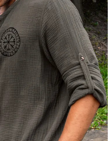 Men's cotton shirt with embroidered Scandinavian Vegvísir symbol in Viking style, model Sigurd
