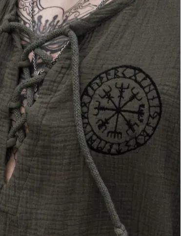 Men's cotton shirt with embroidered Scandinavian Vegvísir symbol in Viking style, model Sigurd