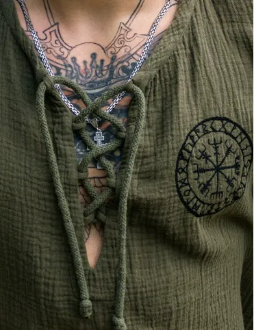 Men's cotton shirt with embroidered Scandinavian Vegvísir symbol in Viking style, model Herald