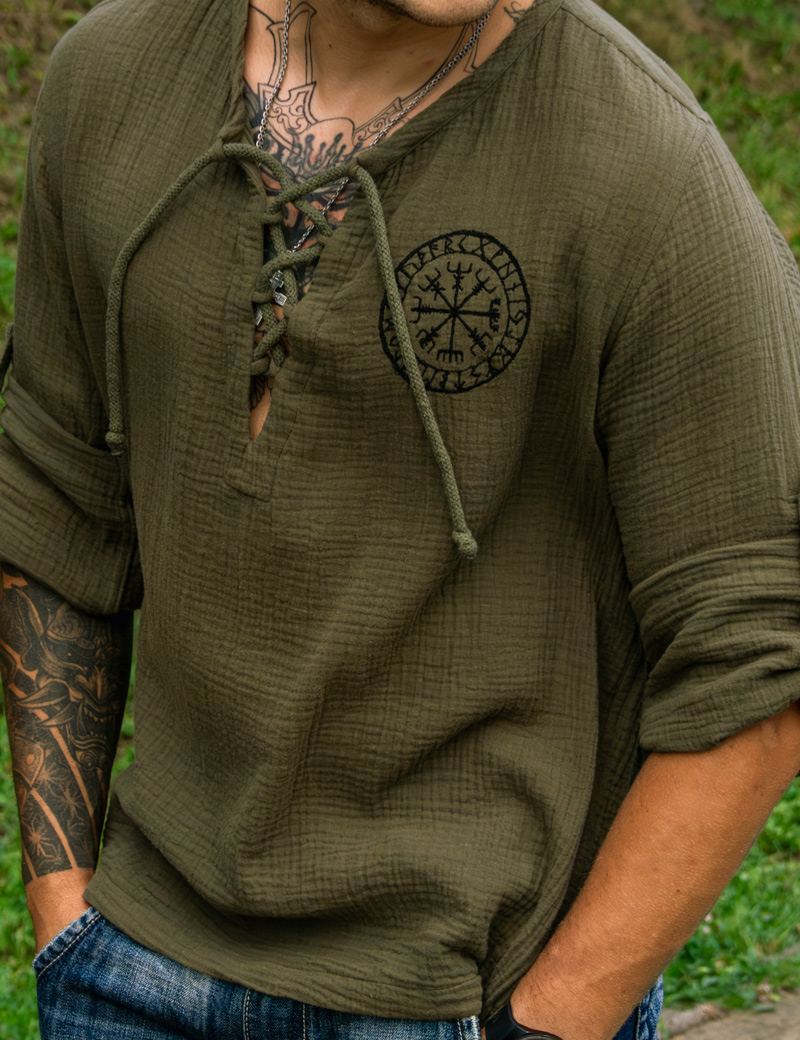 Men's cotton shirt with embroidered Scandinavian Vegvísir symbol in Viking style, model Herald