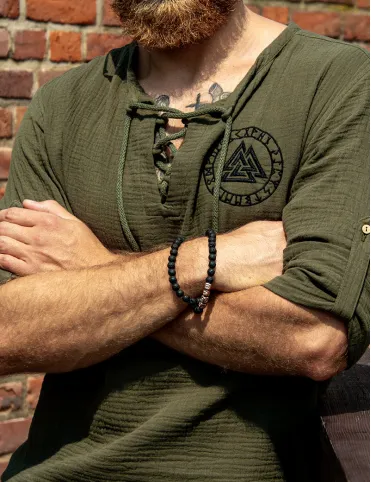 Men's T-shirt with embroidery of the Scandinavian symbol Valknut in Viking style, model Bjorn