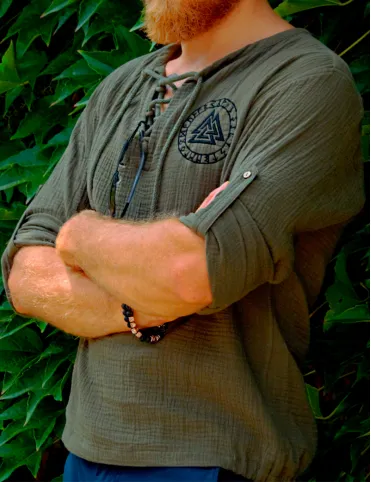 Men's T-shirt with embroidery of the Scandinavian symbol Valknut in Viking style, model Bjorn