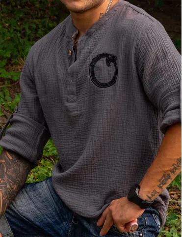Men's muslin shirt embroidered with the symbol of Ouroboros