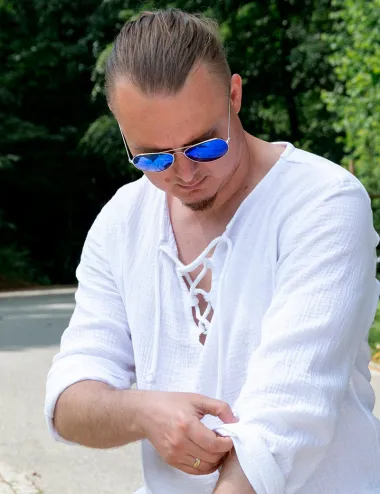 White men's muslin shirt with cord