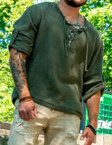 Men's long sleeve muslin shirt khaki