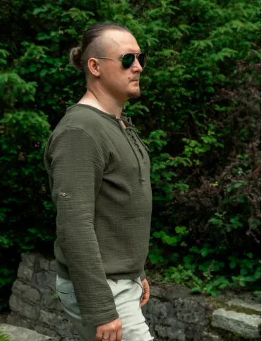 Men's long sleeve muslin shirt khaki