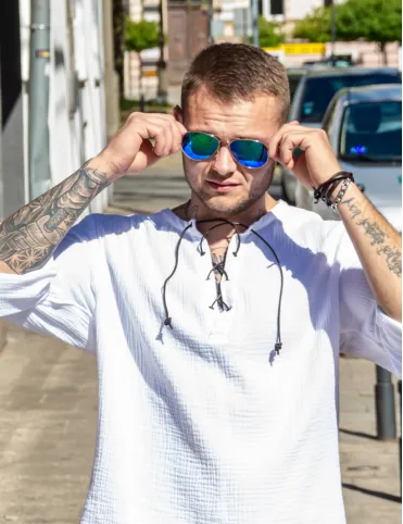 Men’s Summer Long Sleeve Shirt in Mid-Century Style, Boho style, Model Harald