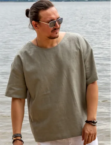 Men's Oversized Linen T-Shirt, Swedish Design, Japanese & Boho Style