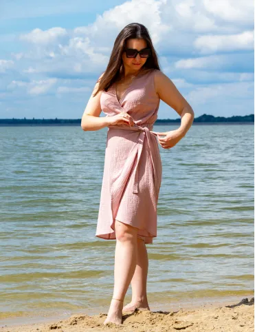 Women's Pink Boho Muslin Dress with belt and wrap neckline Mindy