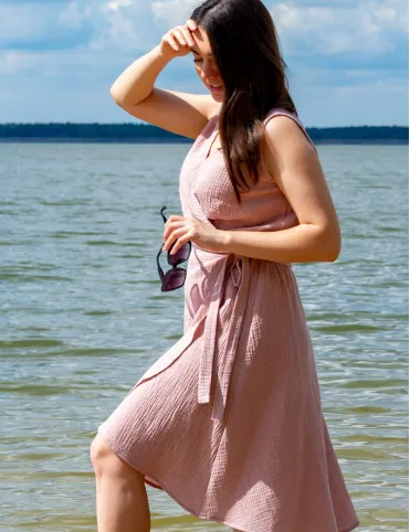 Women's Pink Boho Muslin Dress with belt and wrap neckline Mindy