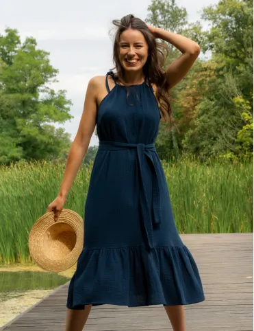 Muslin blue below knee length dress with open shoulders by Lucille