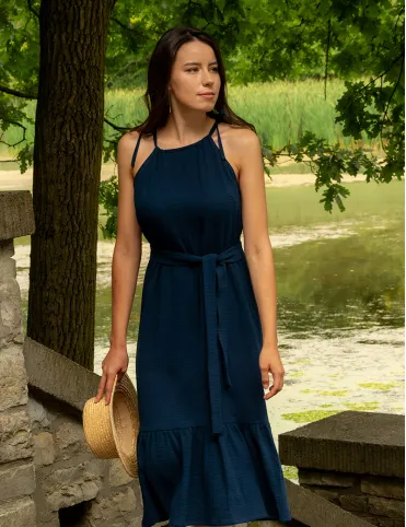 Muslin blue below knee length dress with open shoulders by Lucille