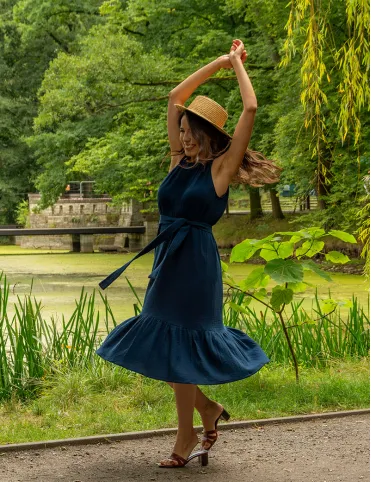 Muslin blue below knee length dress with open shoulders by Lucille