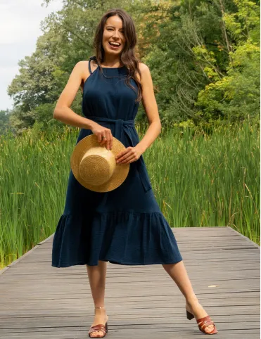 Muslin blue below knee length dress with open shoulders by Lucille