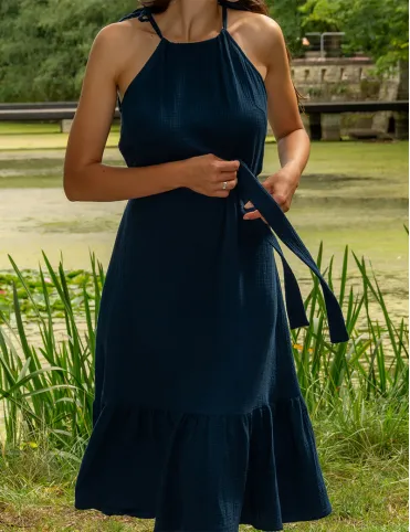 Muslin blue below knee length dress with open shoulders by Lucille