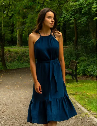 Muslin blue below knee length dress with open shoulders by Lucille