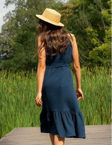 Muslin blue below knee length dress with open shoulders by Lucille