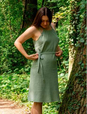 Comfortable simple muslin green dress for women with adjustable neckline and straps Boho