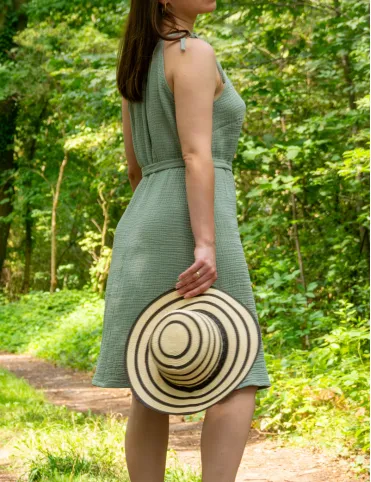 Comfortable simple muslin green dress for women with adjustable neckline and straps Boho