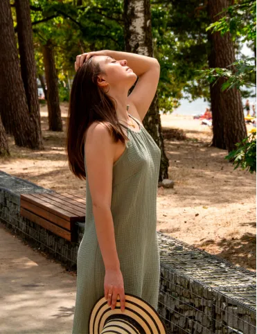 Comfortable simple muslin green dress for women with adjustable neckline and straps Boho