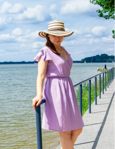 Lavender muslin midi dress with elastic waistband