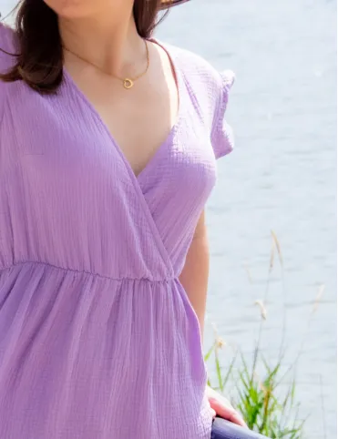 Lavender muslin midi dress with elastic waistband