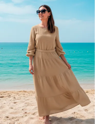 Длинное муслиновое платье с эластичным поясом Sandra