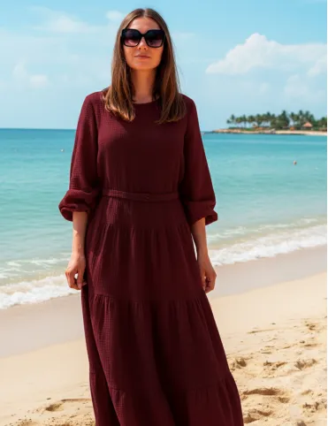 Długa  bordowa muślinowa sukienka z elastycznym paskiem Sandra