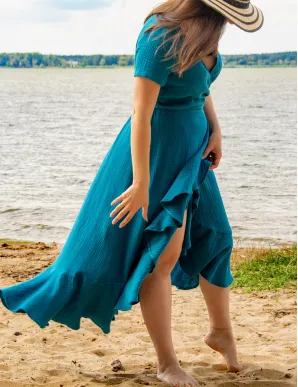 Blue muslin summer maxi dress with ruffles in Spanish style Carmen