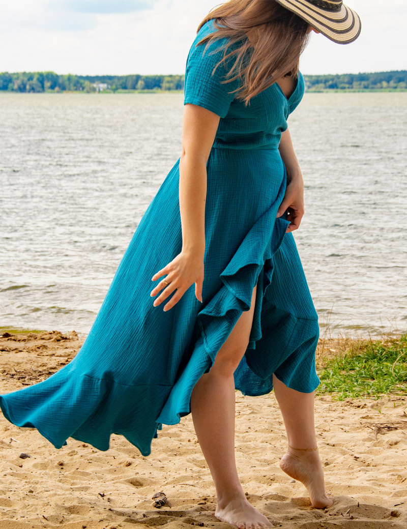 Blue muslin summer maxi dress with ruffles in Spanish style Carmen