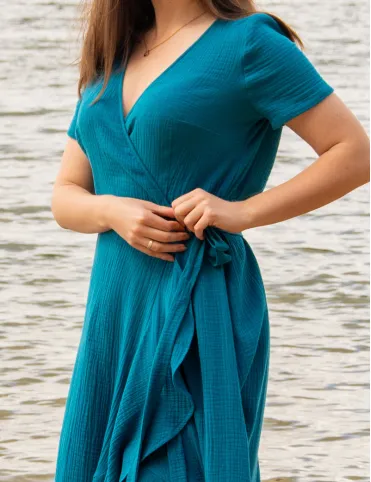 Blue muslin summer maxi dress with ruffles in Spanish style Carmen