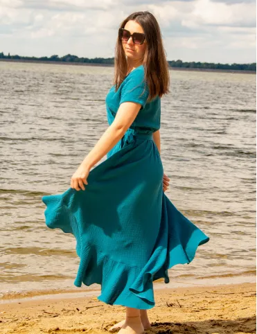 Blue muslin summer maxi dress with ruffles in Spanish style Carmen