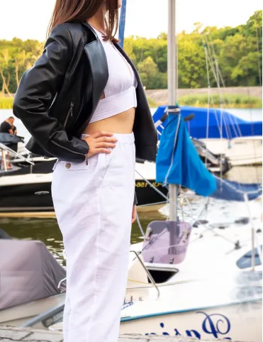 White women's muslin pants with pockets
